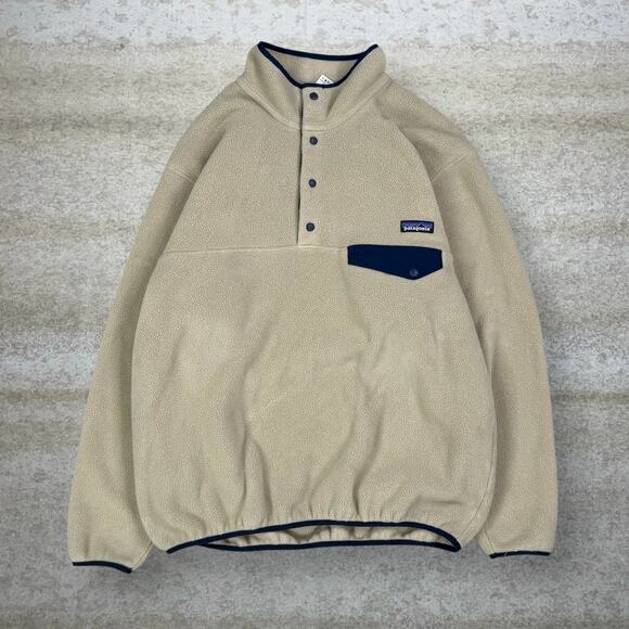Patagonia Synchilla Jacket Tan Fleece Quarter Button Up Navy Blue